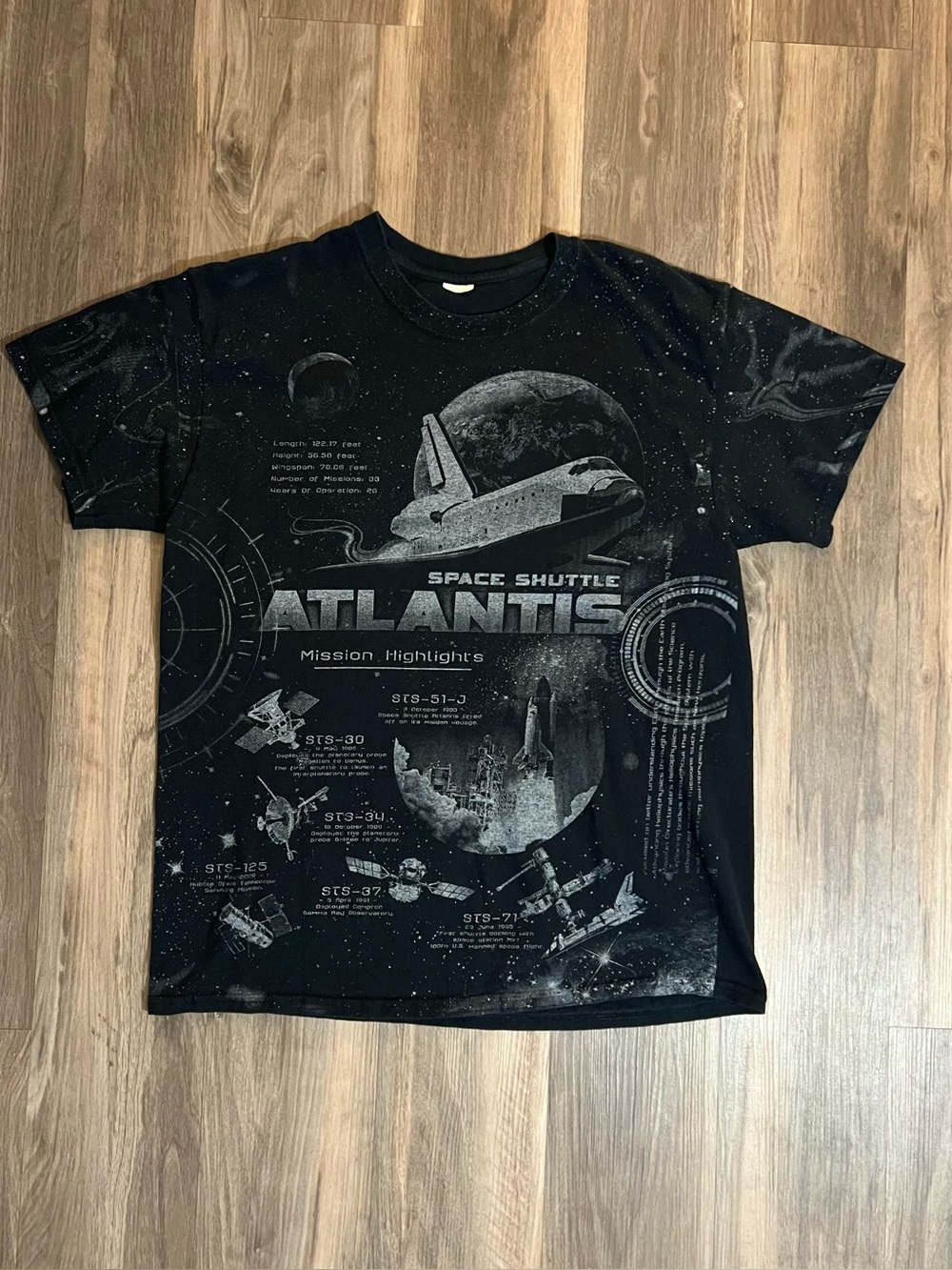 Vintage Y2K Atlantis Space Shuttle Shirt Men Large Black AOP Tee Rocket Ship